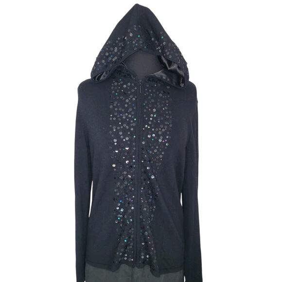 Chico’s Women’s Hoodie Sz 2 L Black Sequin Trim Zip Cardigan Jacket Flaw - Picture 3 of 9